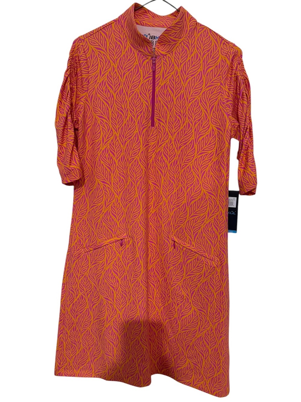 IBKUL Sally Ruched Elbow Length Sleeve Dress/ORANGE PEEL:HOT PINK/SIZE: Small